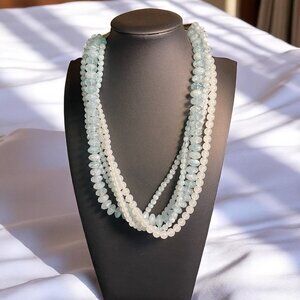 Layered Blue White Plastic Bead Necklace Multi Strand Retro Boho Statement Piece